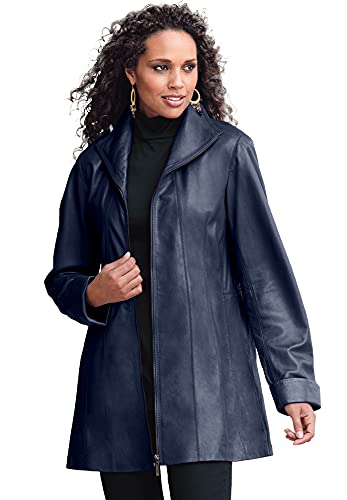 Roaman's Women's Plus Size A-Line Leather Jacket - 12 W, Navy at